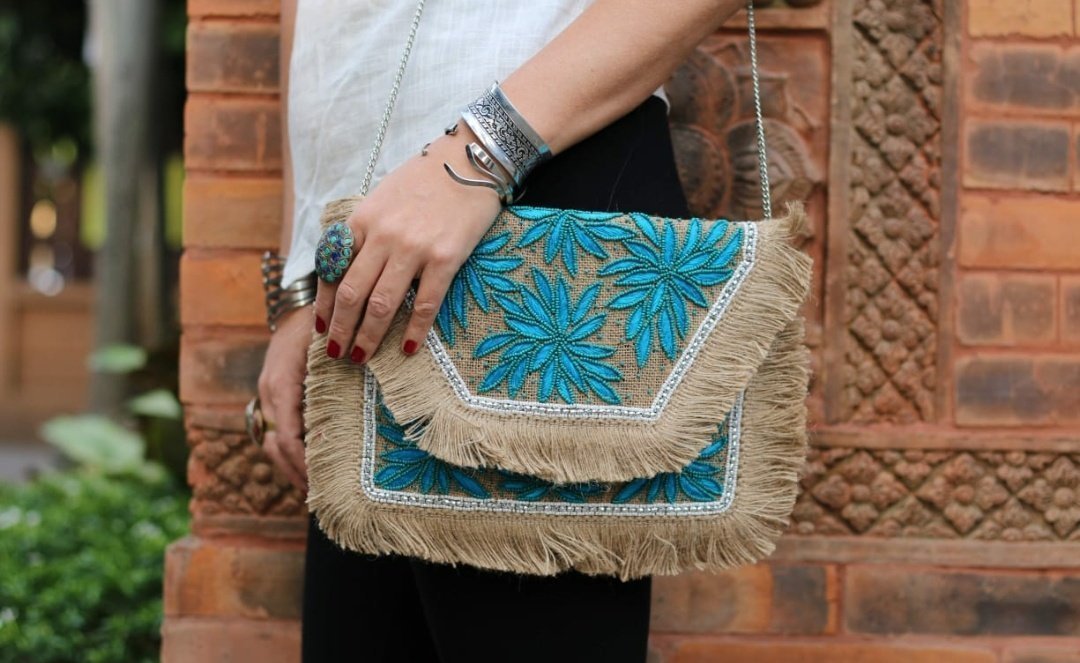 Araku Turquoise Flower Jute Clutch Boho Bag