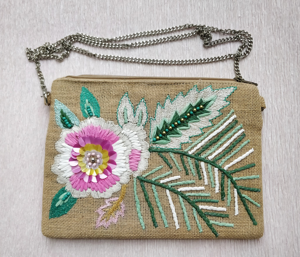 Flower Power - Pink Green Jute Clutch Boho Bag