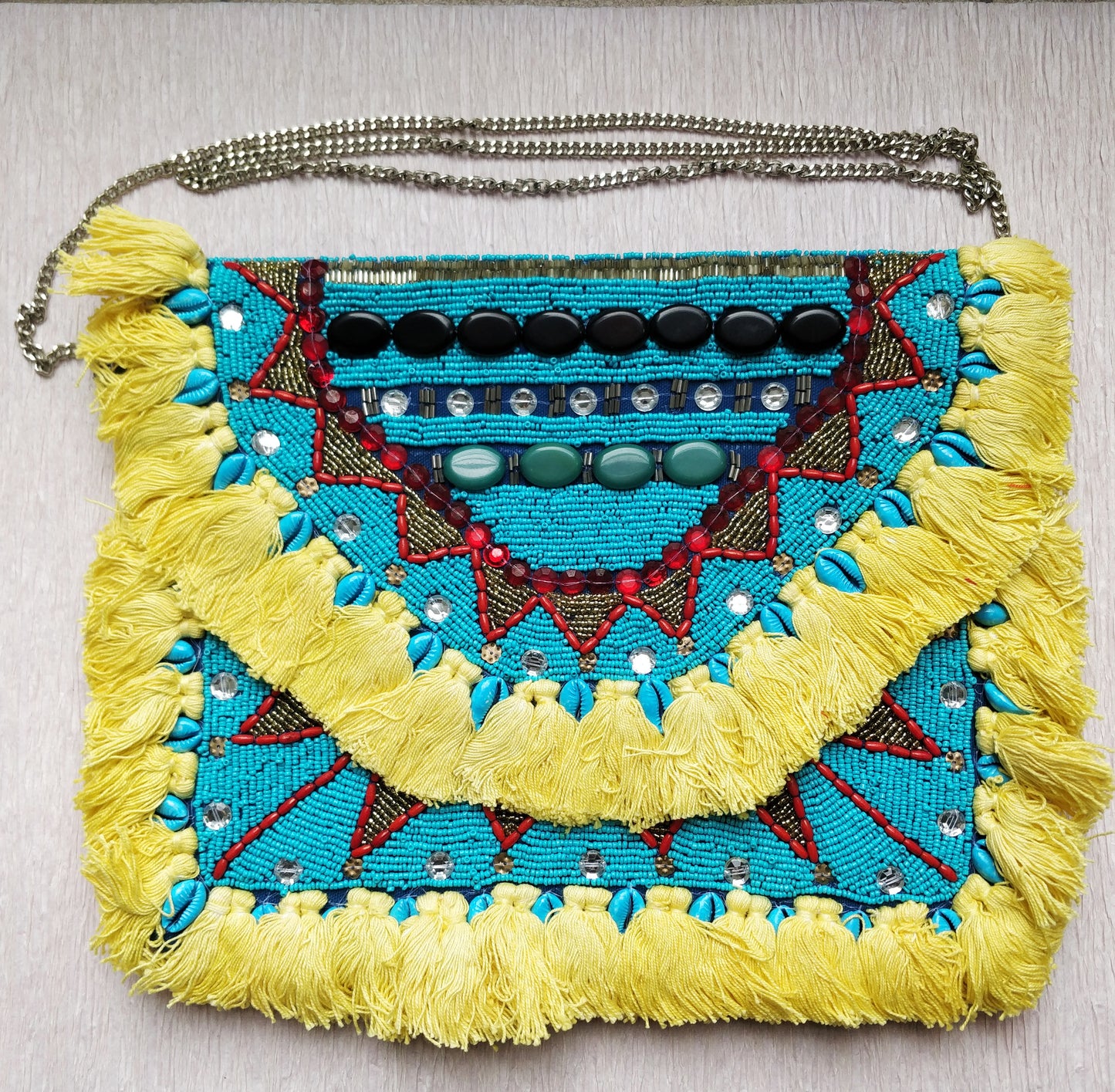 Luna Yellow Beaded Canvas Clutch Boho Bag