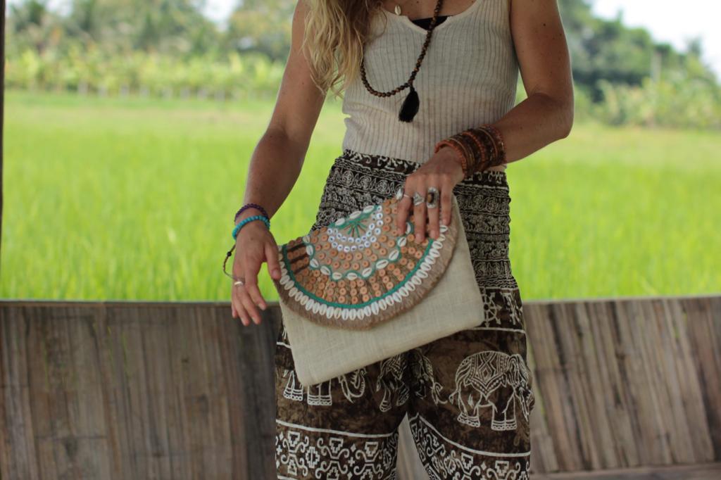 Santorini Shell Jute Clutch Boho Bag - Turquoise