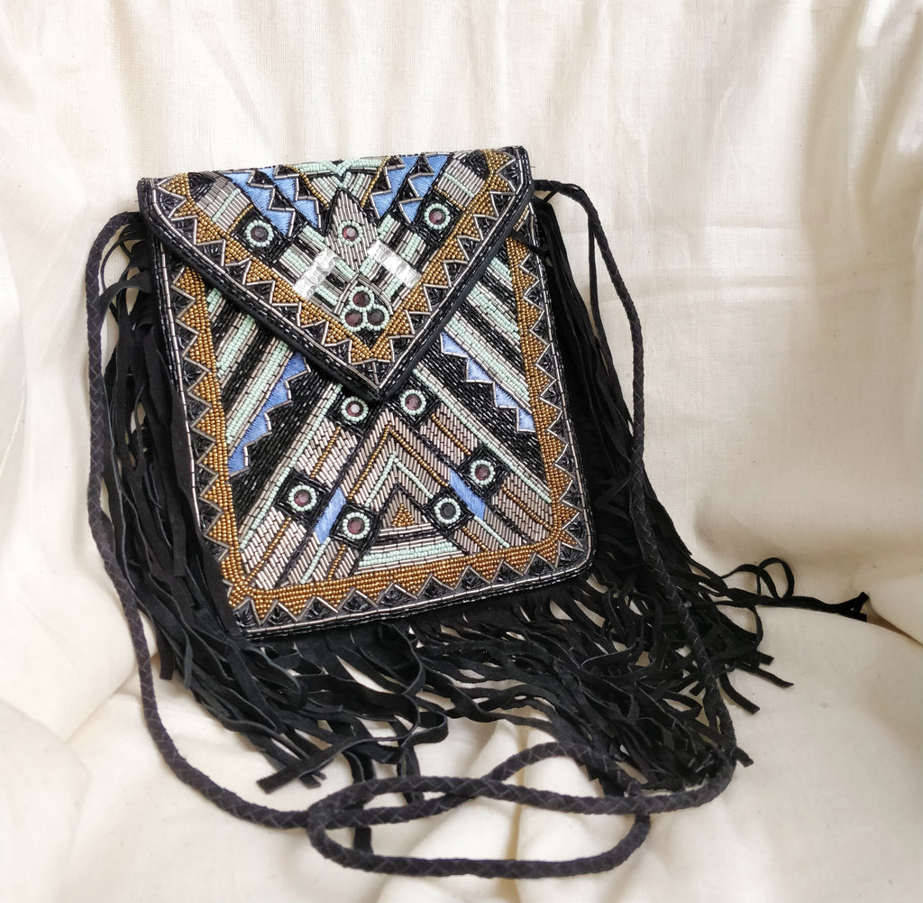 Teal Beaded Leather Fringes Sling