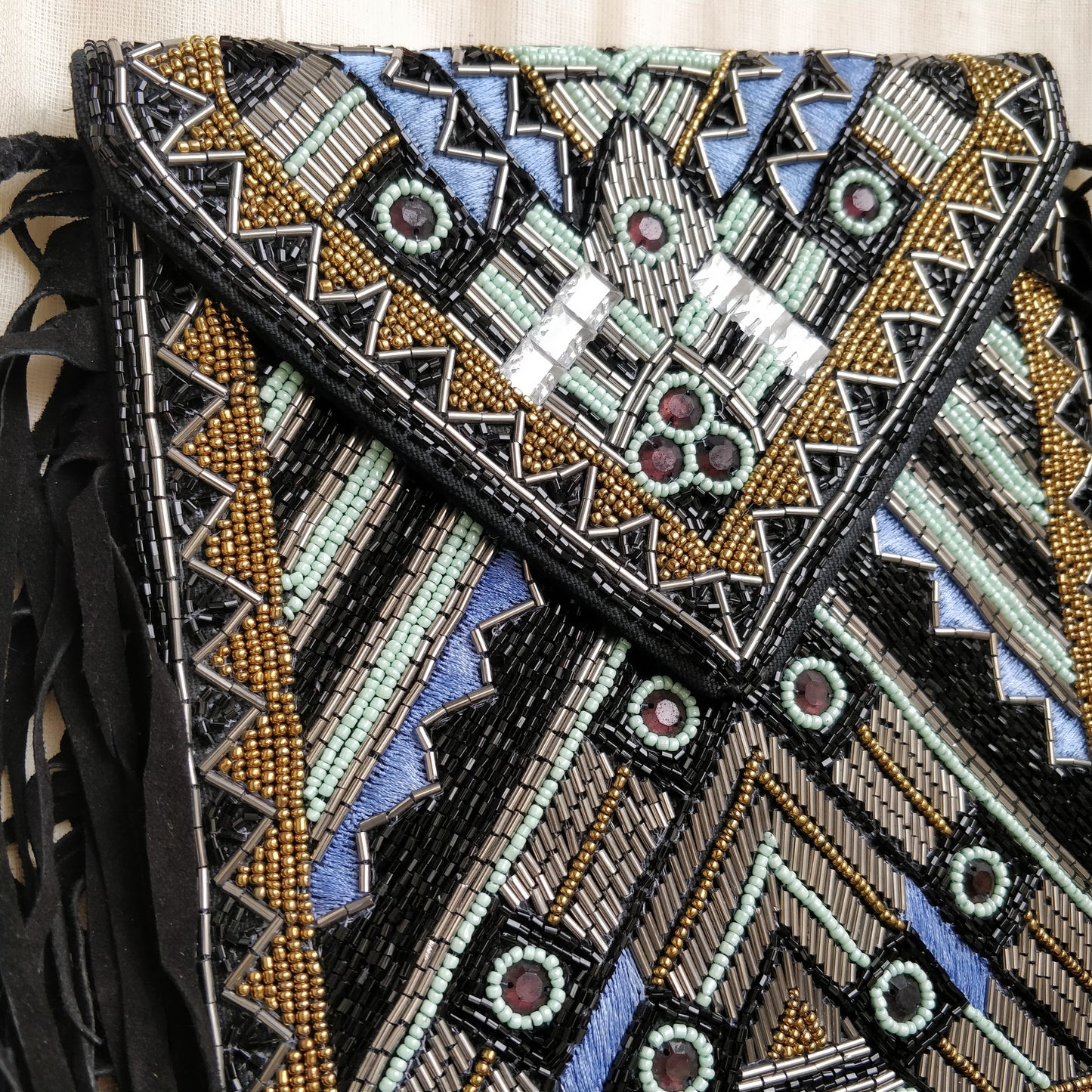 Teal Beaded Leather Fringes Sling