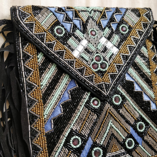 Teal Beaded Leather Fringes Sling