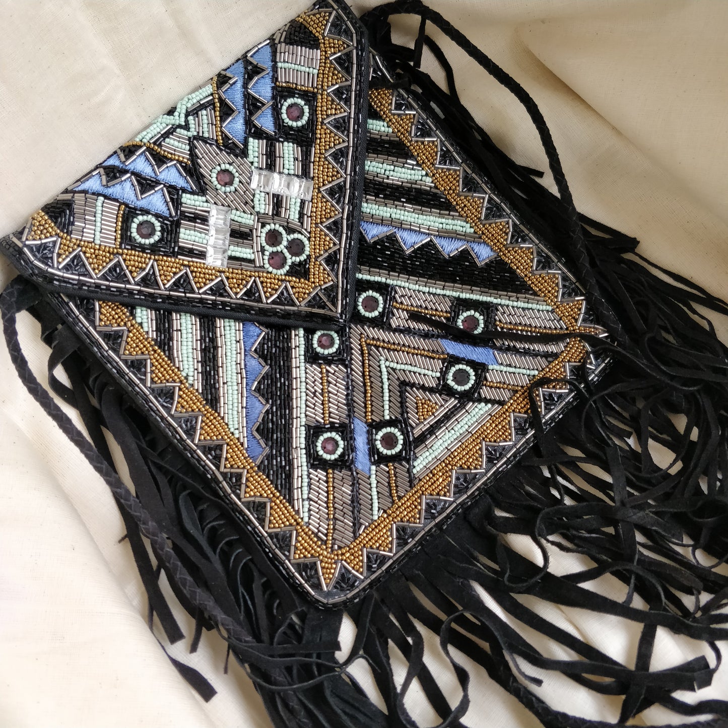 Teal Beaded Leather Fringes Sling