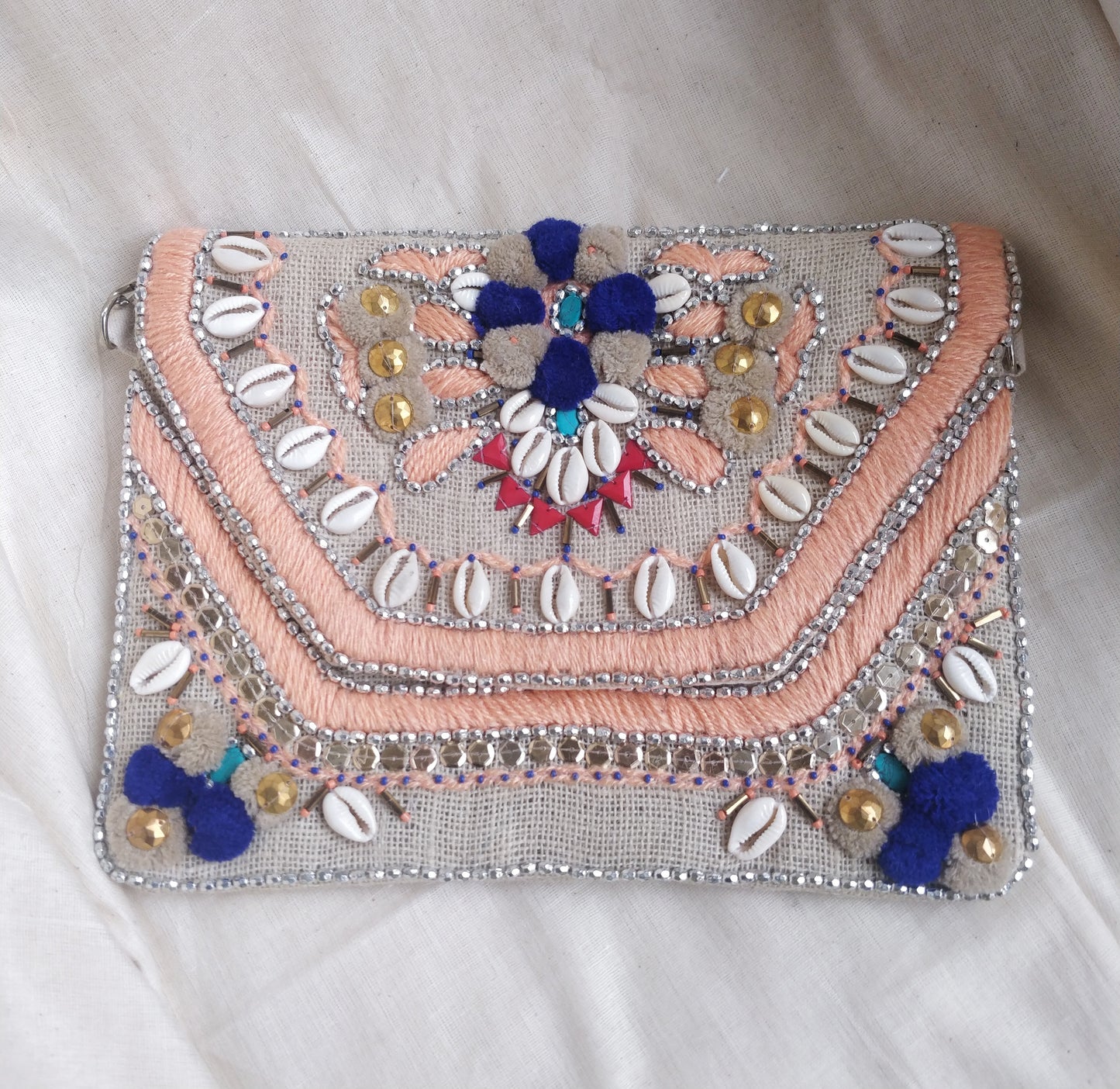 Latsi Pink Pom & Shell Jute Clutch Boho Bag