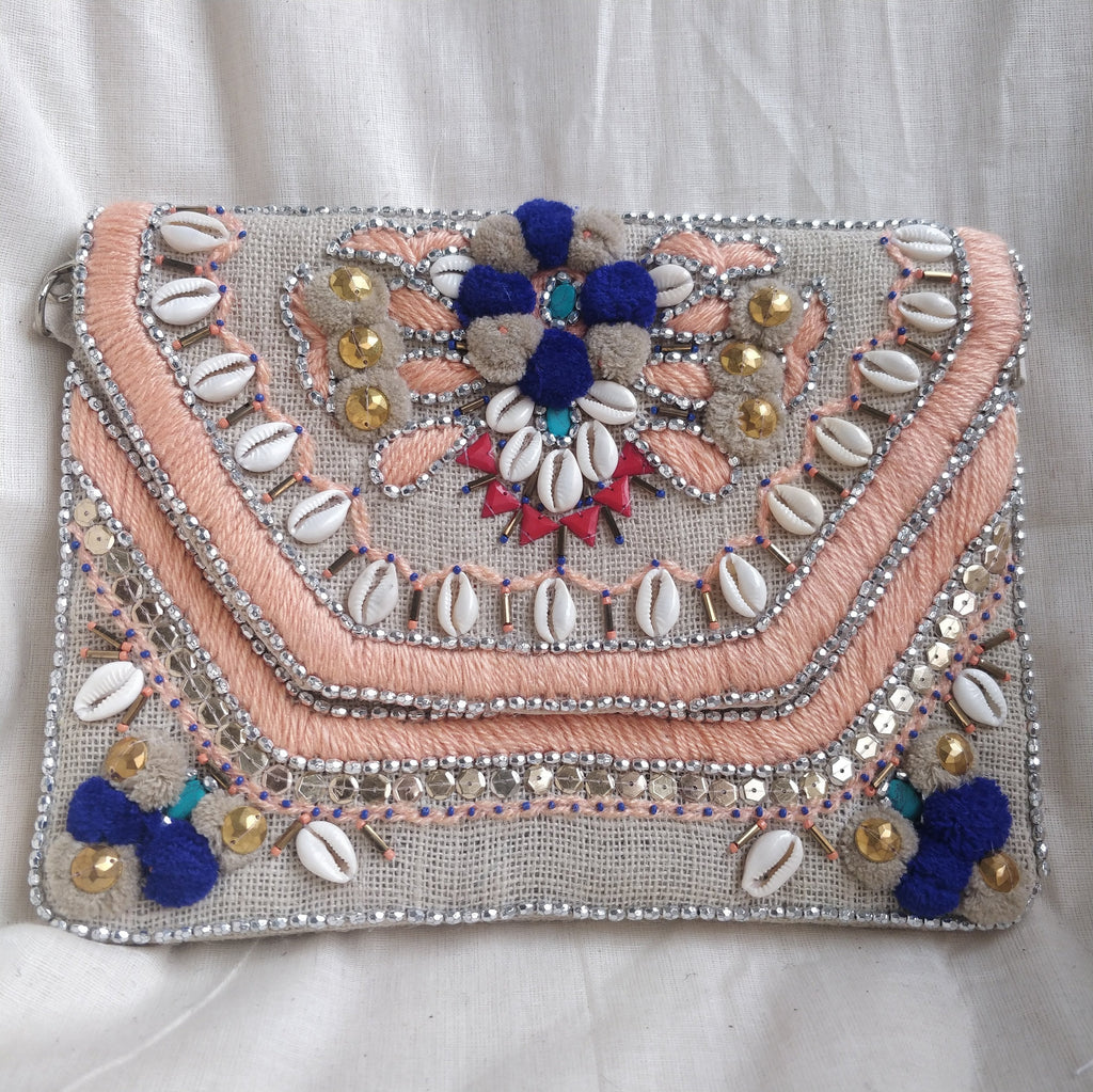 Latsi Pink Pom & Shell Jute Clutch Boho Bag