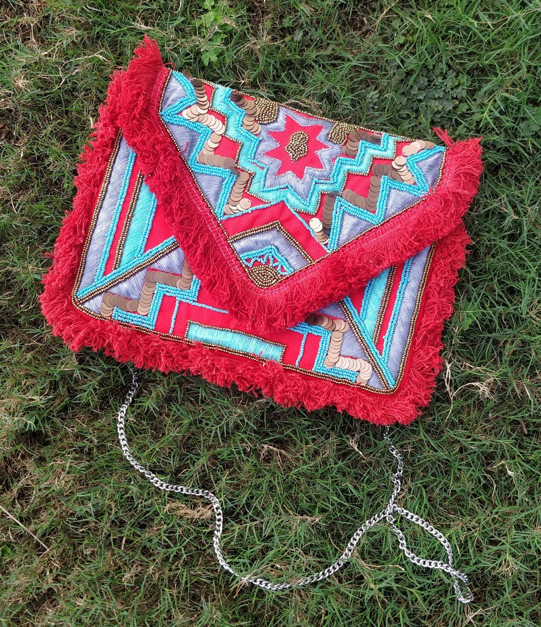 Red Fire Beaded Bohemian Bag