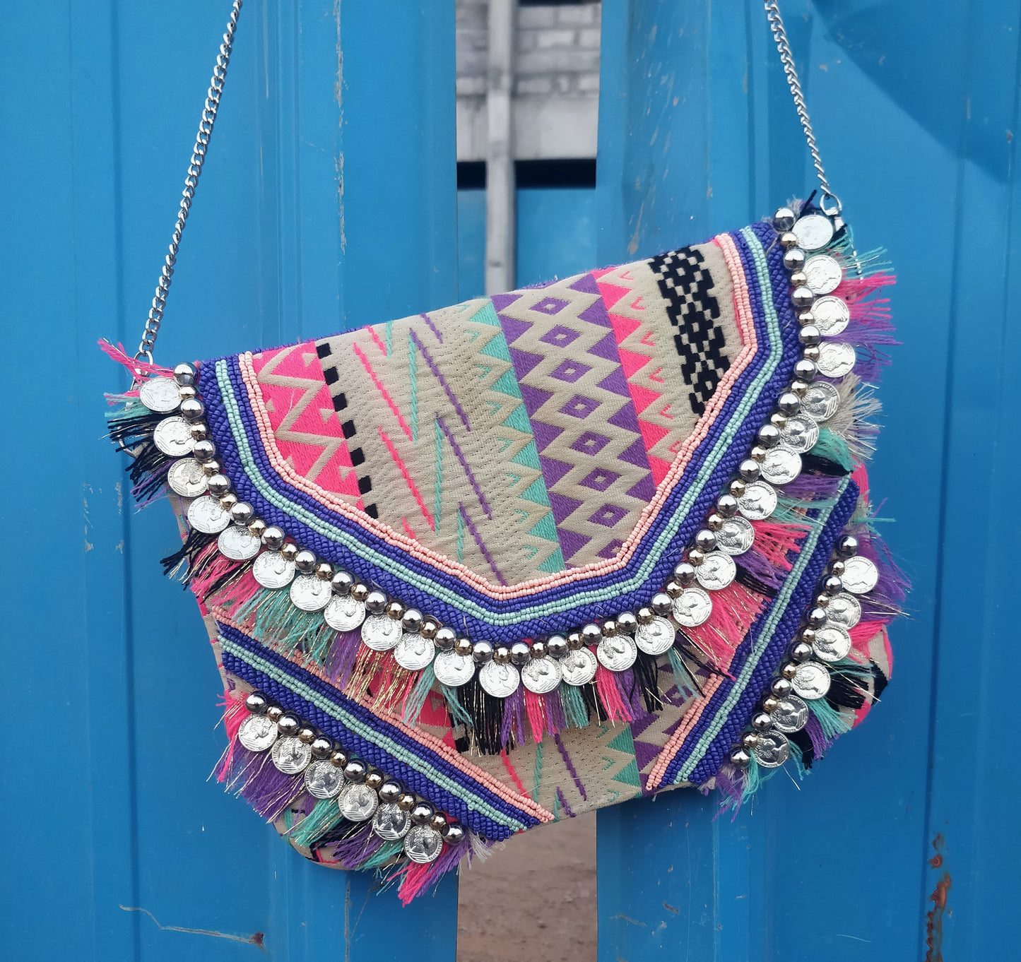 Multi Colored Jacquard Coin Bohemian Bag