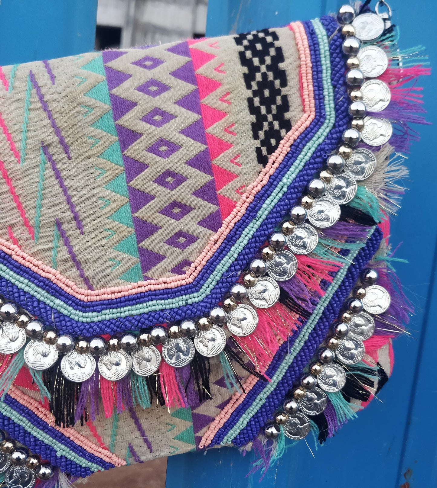 Multi Colored Jacquard Coin Bohemian Bag
