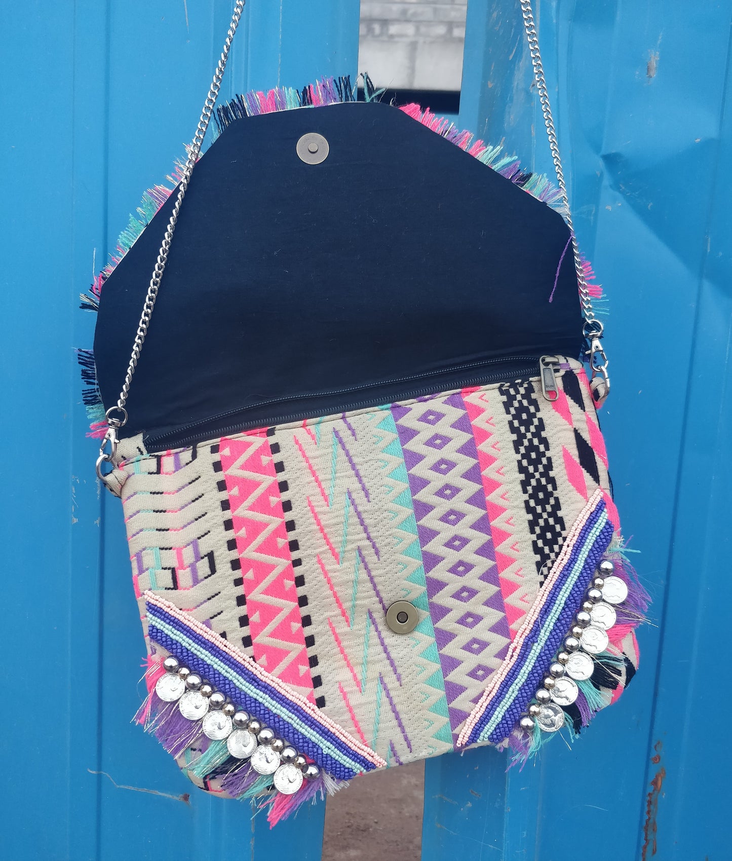 Multi Colored Jacquard Coin Bohemian Bag