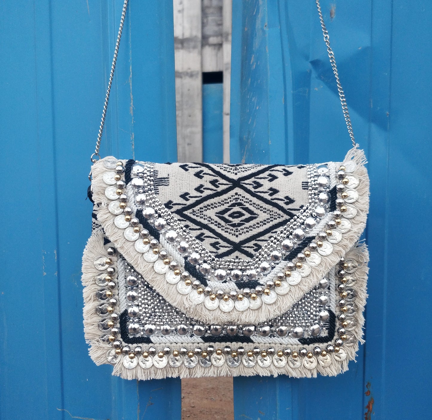 Black & White Jacquard Coin Bohemian Bag