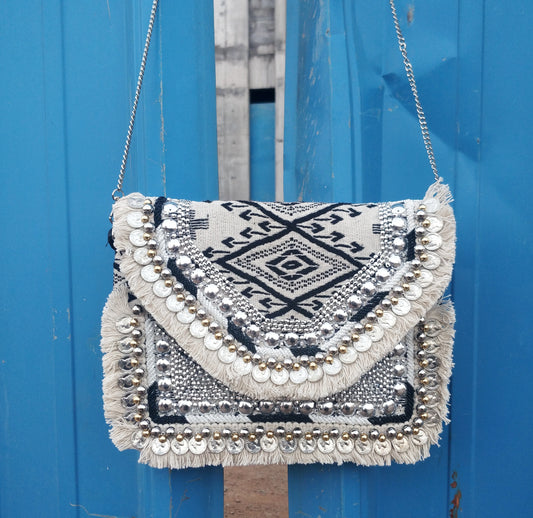 Black & White Jacquard Coin Bohemian Bag