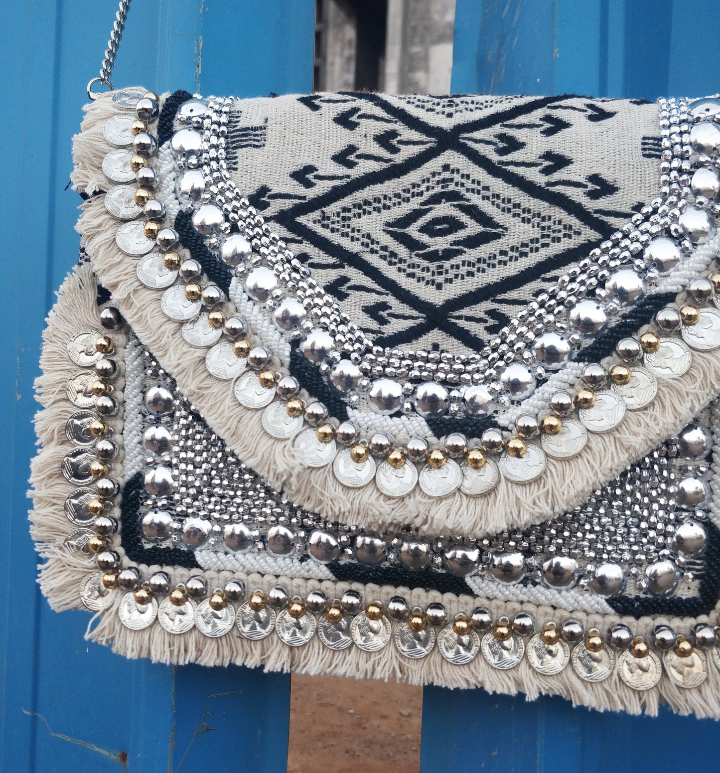Black & White Jacquard Coin Bohemian Bag