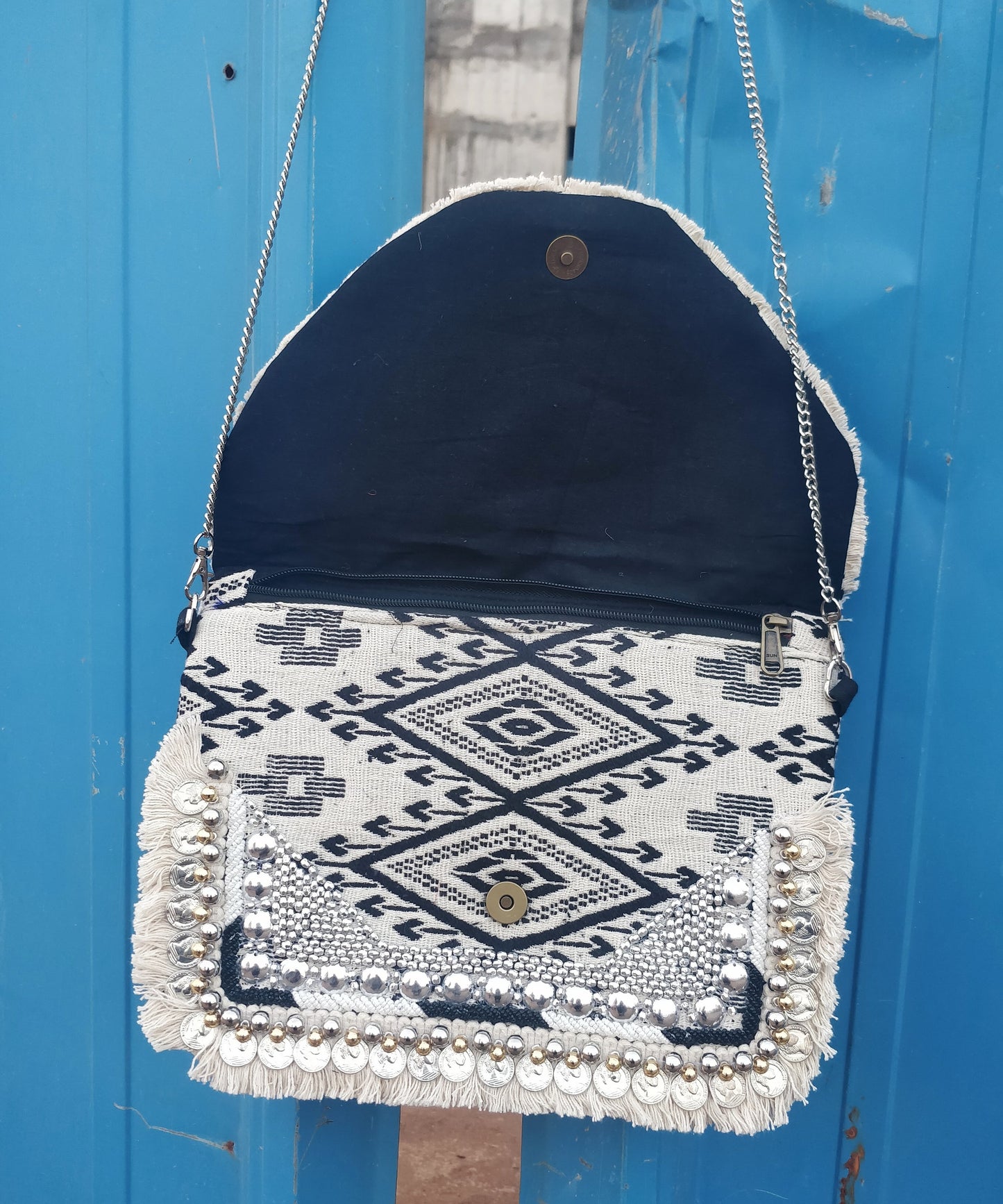 Black & White Jacquard Coin Bohemian Bag
