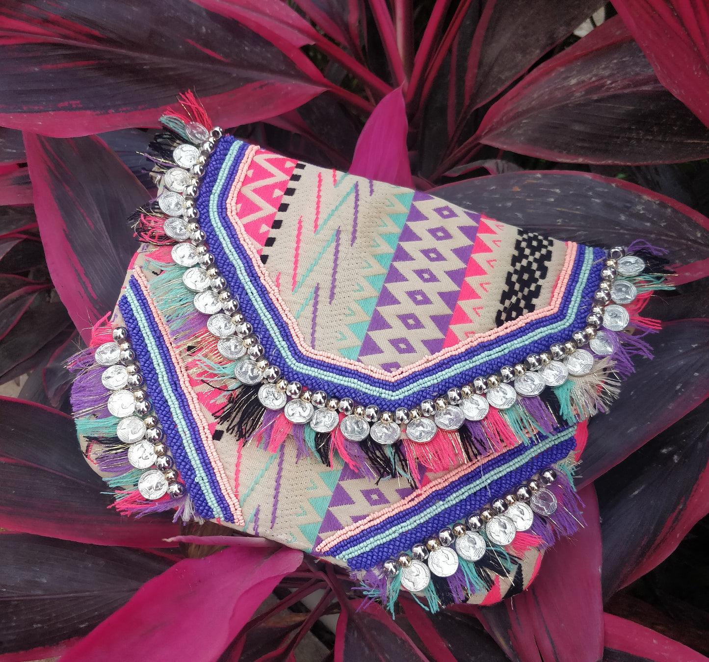 Multi Colored Jacquard Coin Bohemian Bag