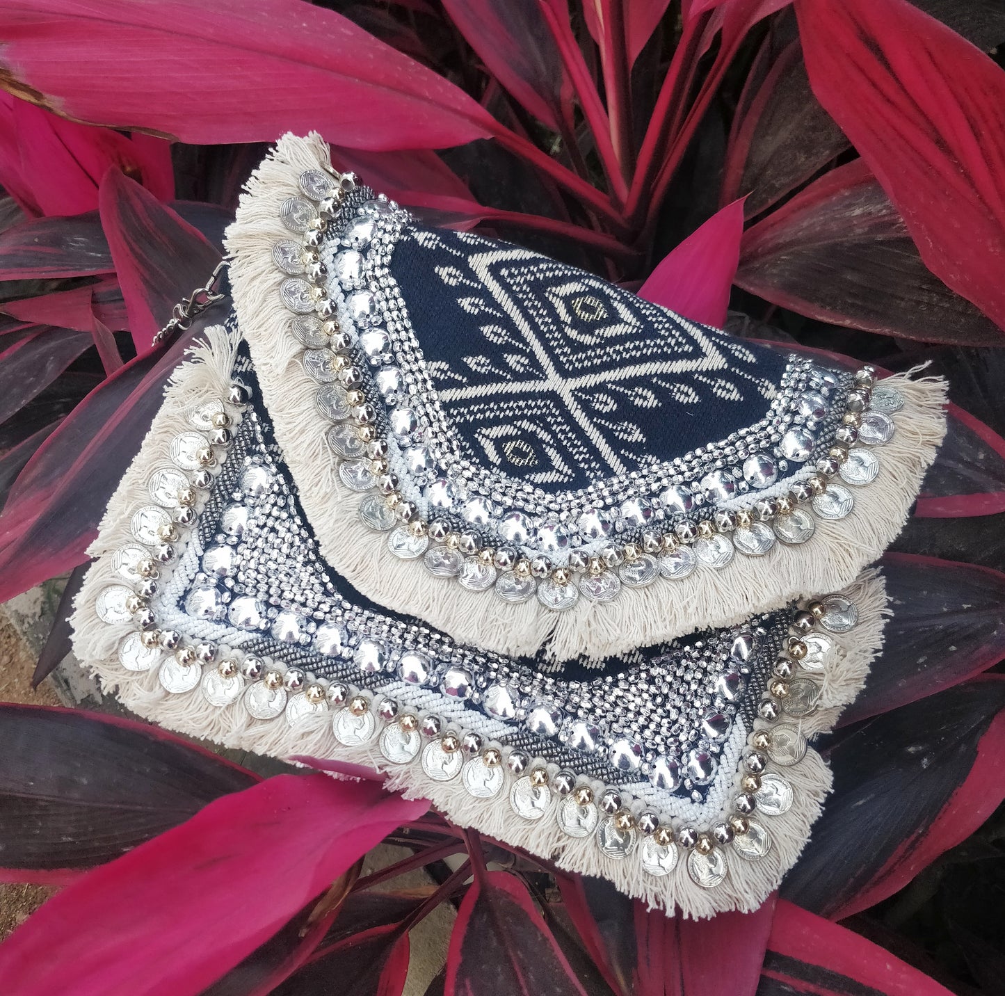 Dark Blue Jacquard Coin Bohemian Bag