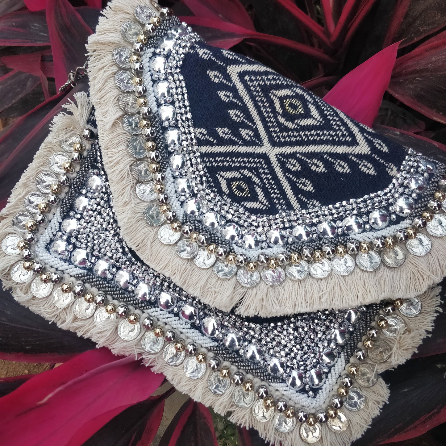 Dark Blue Jacquard Coin Bohemian Bag