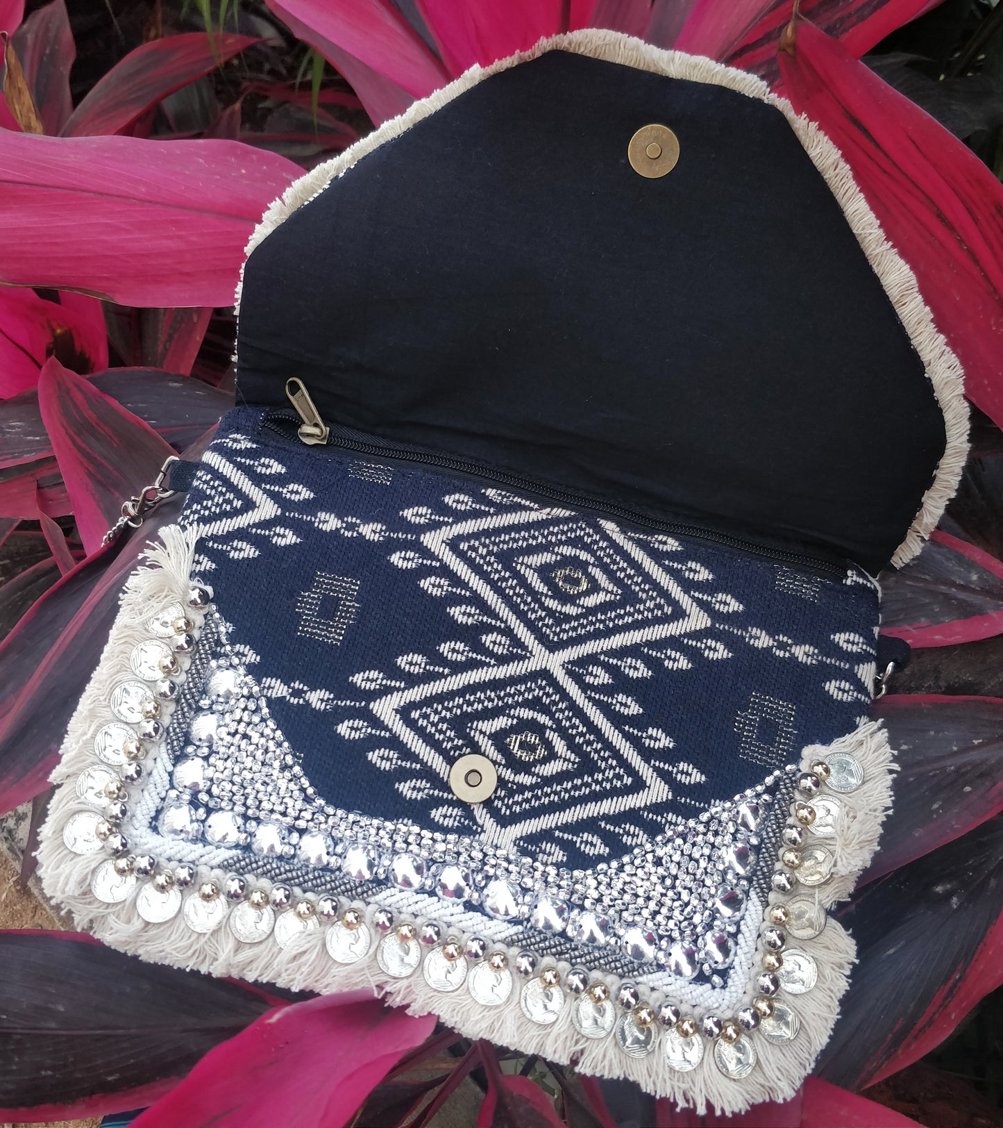 Dark Blue Jacquard Coin Bohemian Bag
