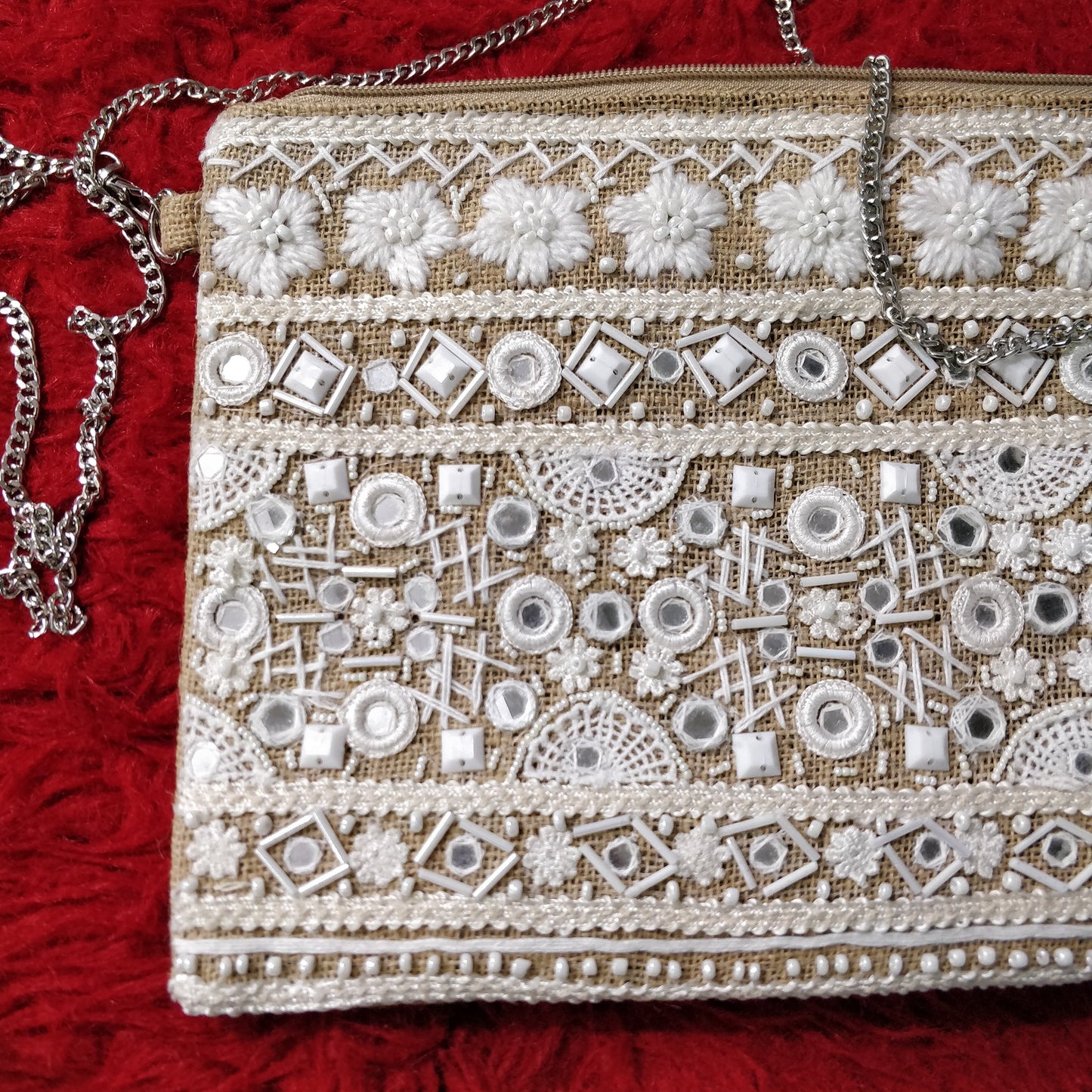 Mysuru White Threaded Jute Boho Bag
