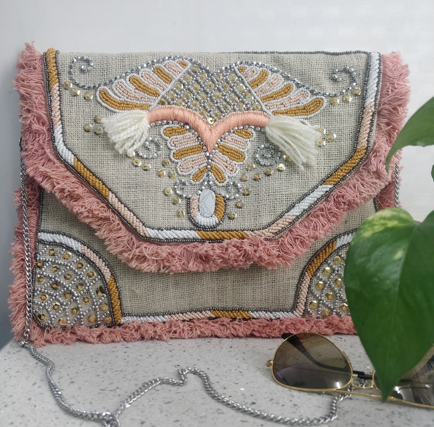 Valencia Butterfly Bush Jute Bohemian Clutch
