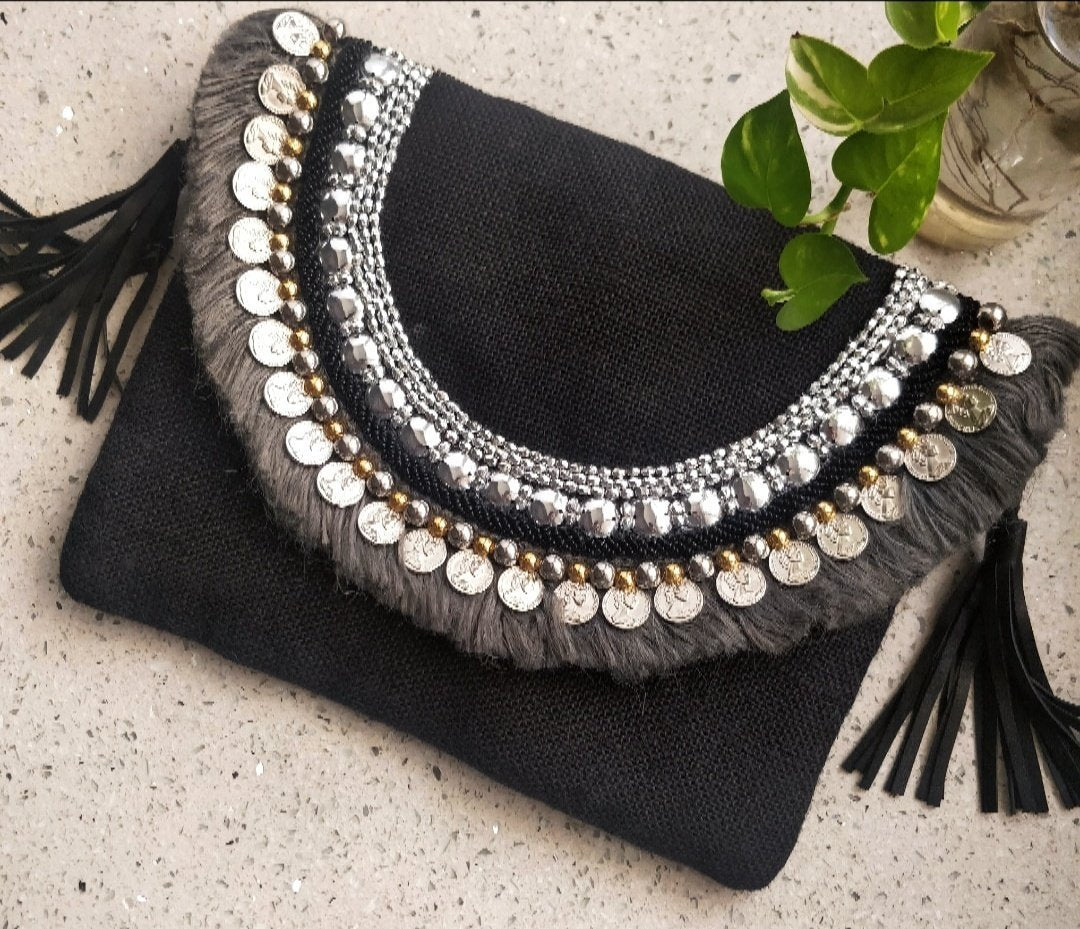Onyx Black Jute Coin Clutch