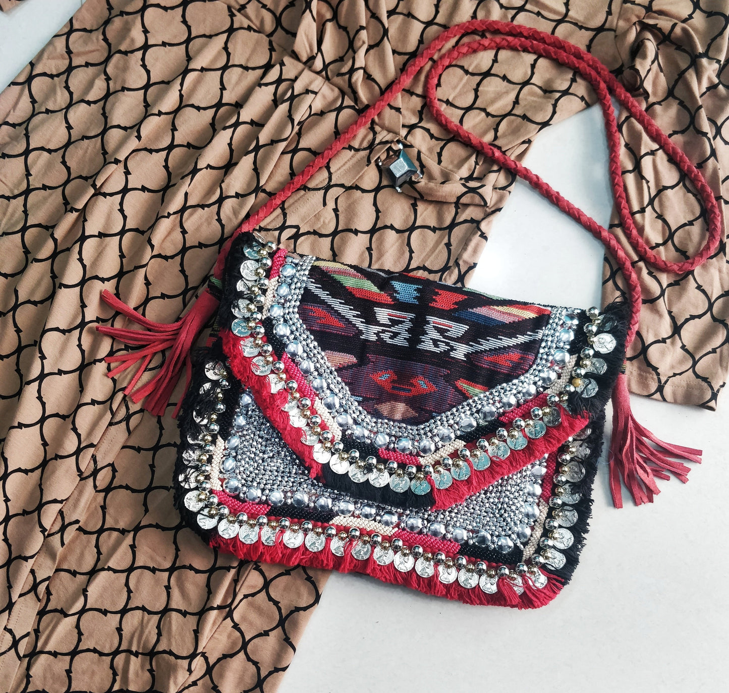 Angelica Multicolored Jacquard Coin Bohemian Bag