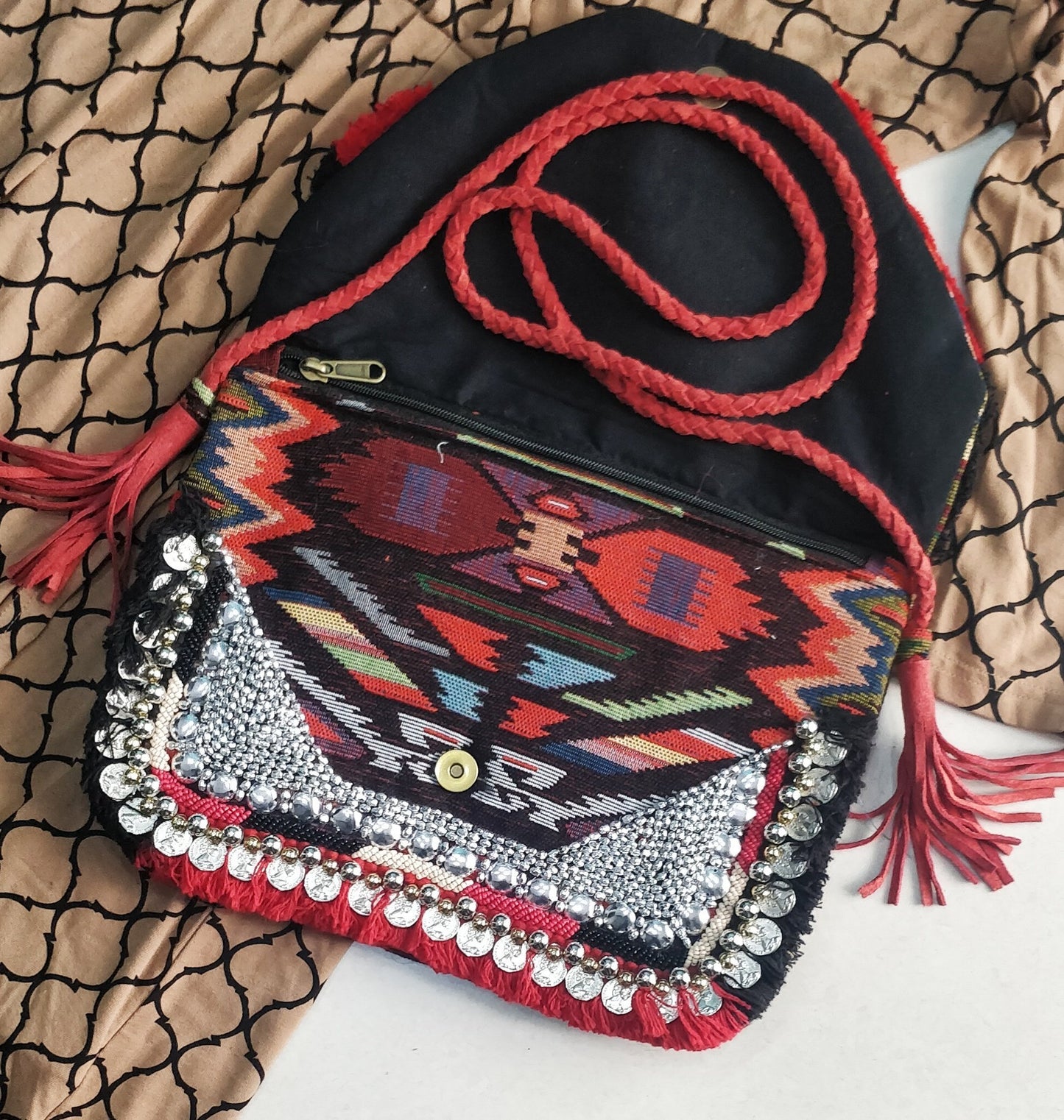 Angelica Multicolored Jacquard Coin Bohemian Bag