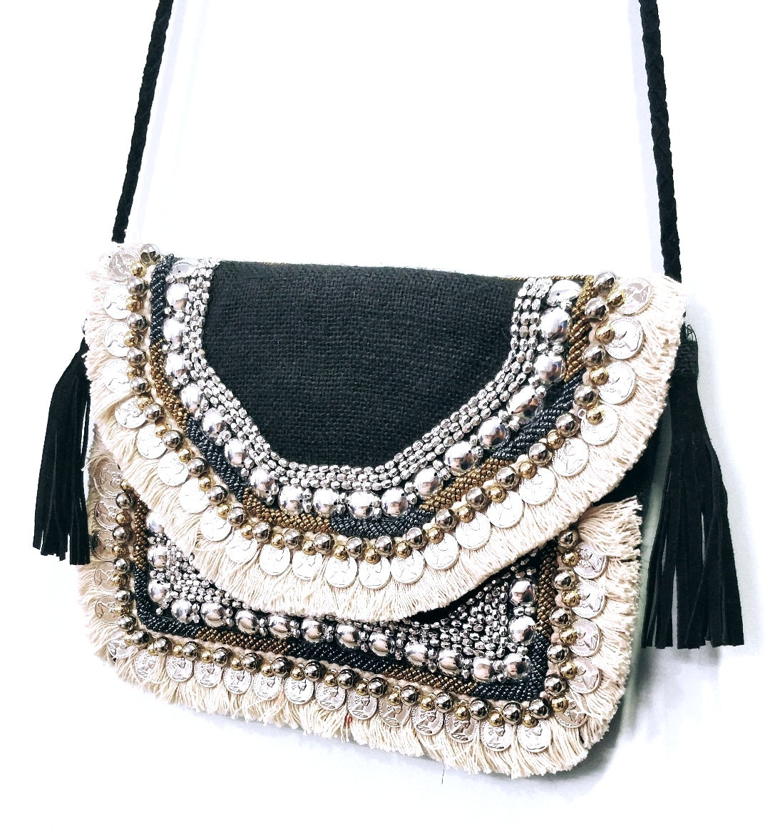 Mini Gypsy Aztec Black Jute Coin Work Boho Bag
