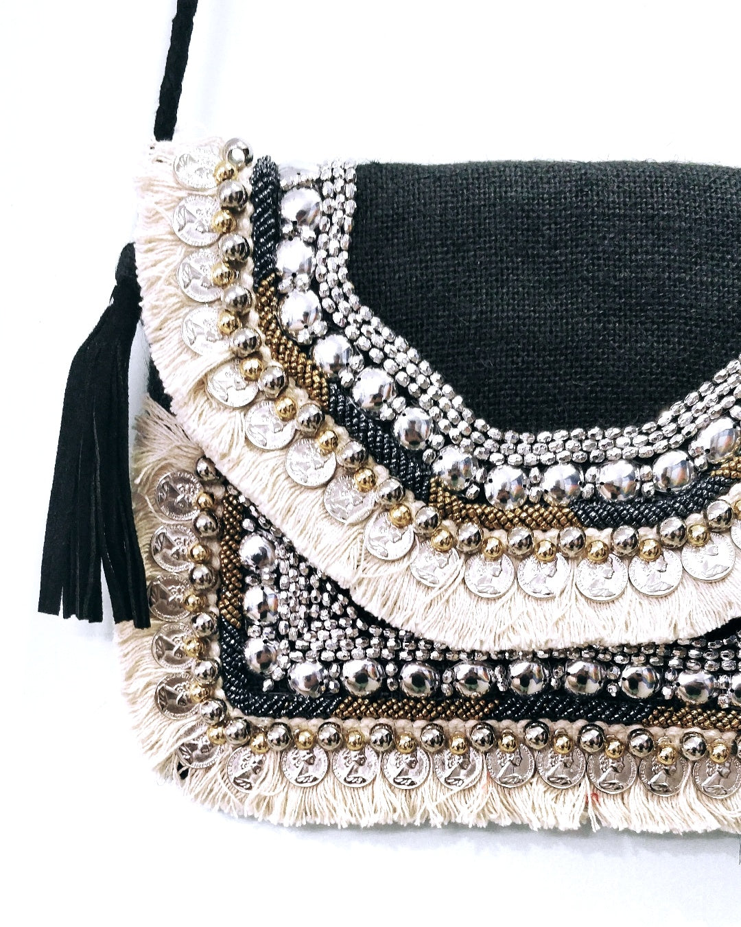 Mini Gypsy Aztec Black Jute Coin Work Boho Bag