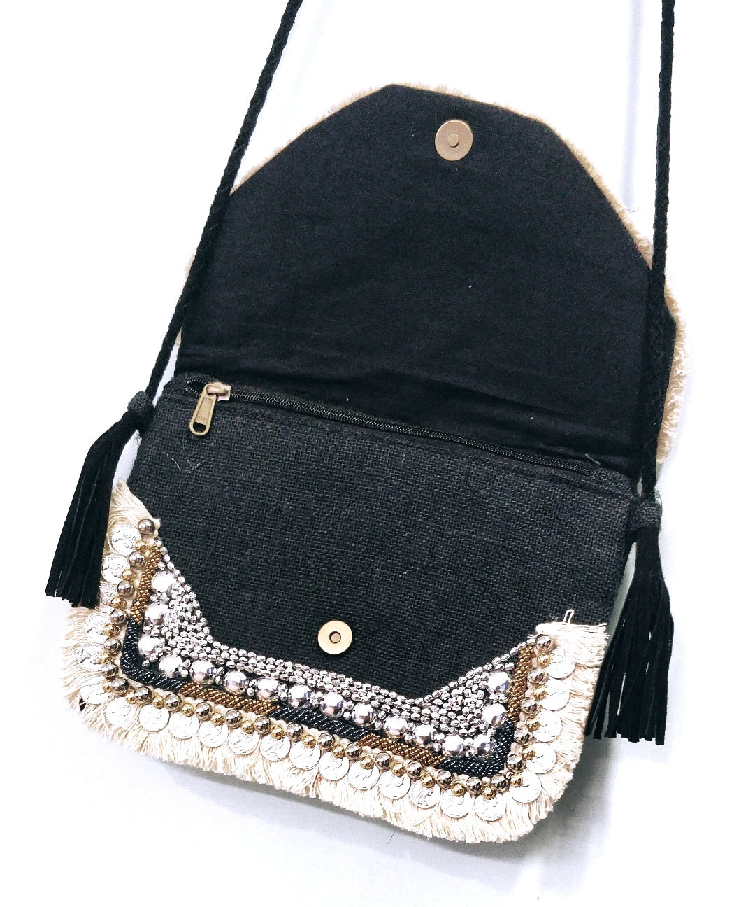 Mini Gypsy Aztec Black Jute Coin Work Boho Bag