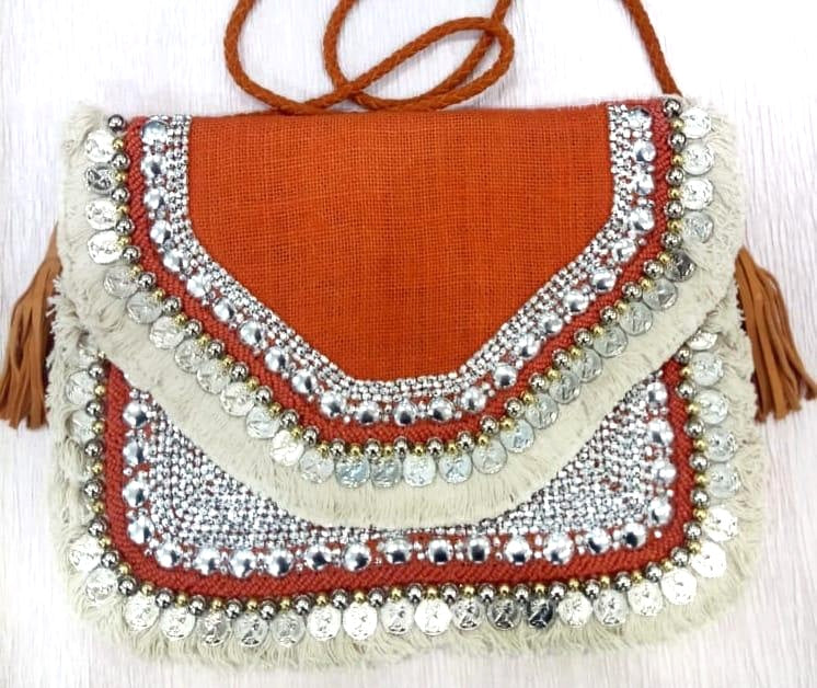 Orange Jute Coin Clutch Boho Bag