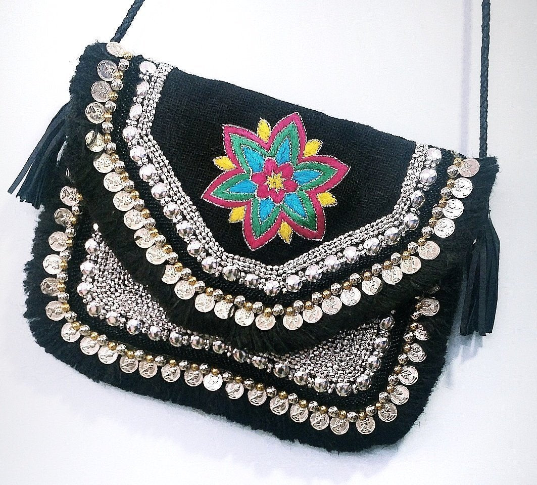 Amaris Mandala Black Embroidered Jute Coin Clutch