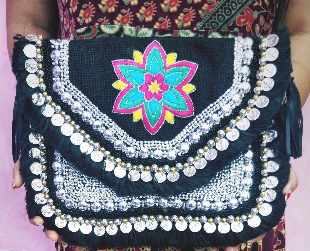 Amaris Mandala Black Embroidered Jute Coin Clutch