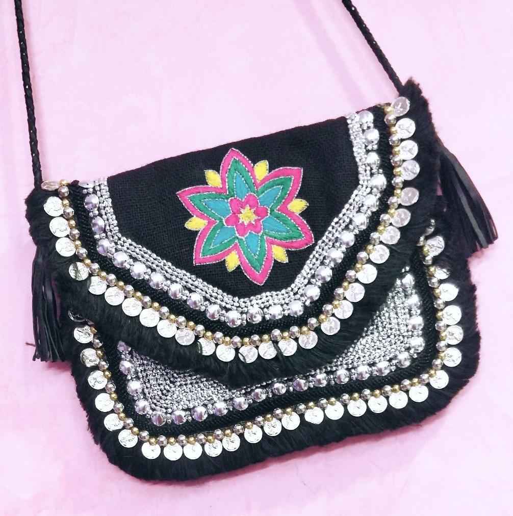 Amaris Mandala Black Embroidered Jute Coin Clutch