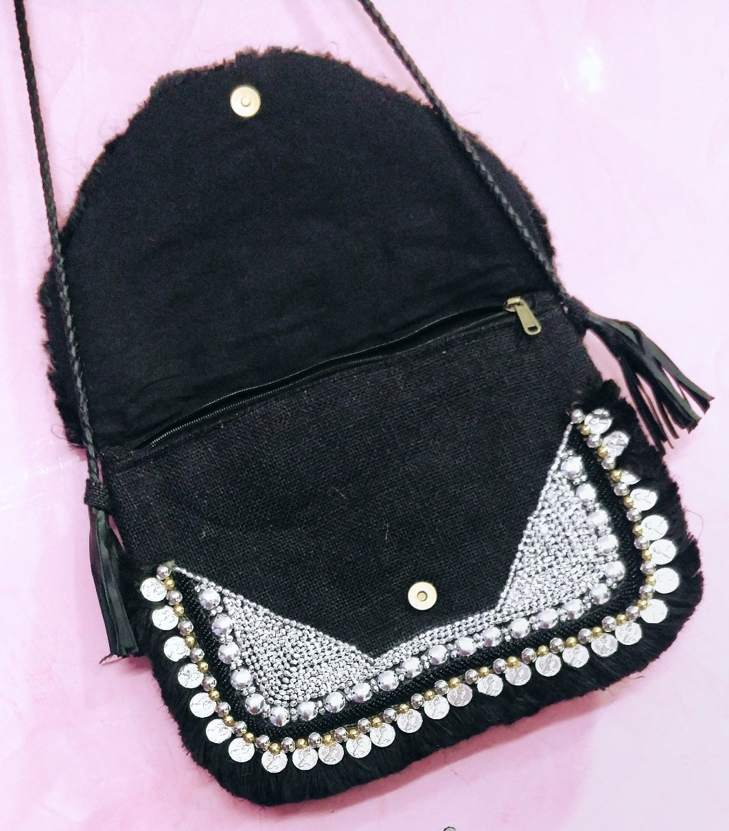 Amaris Mandala Black Embroidered Jute Coin Clutch