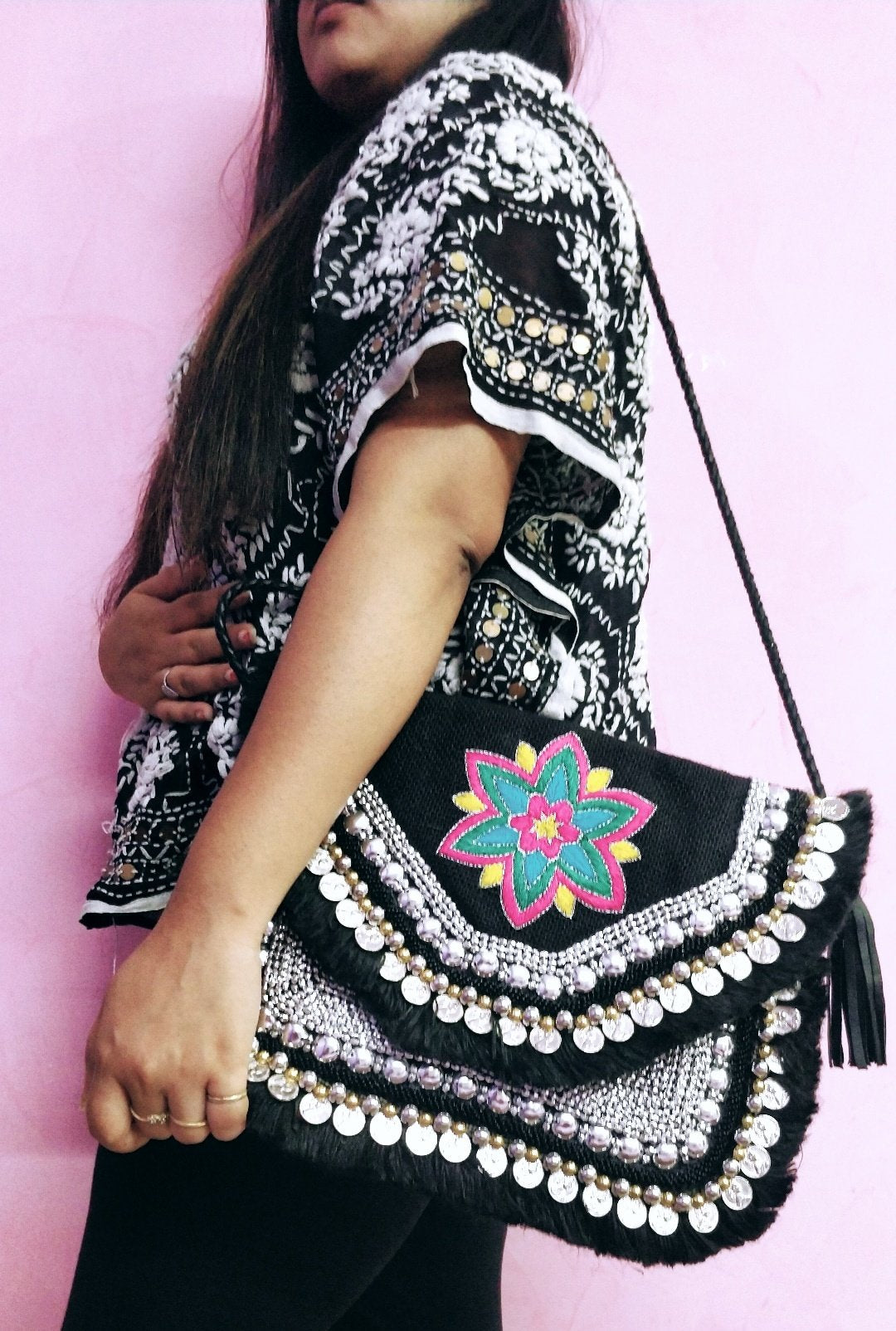Amaris Mandala Black Embroidered Jute Coin Clutch