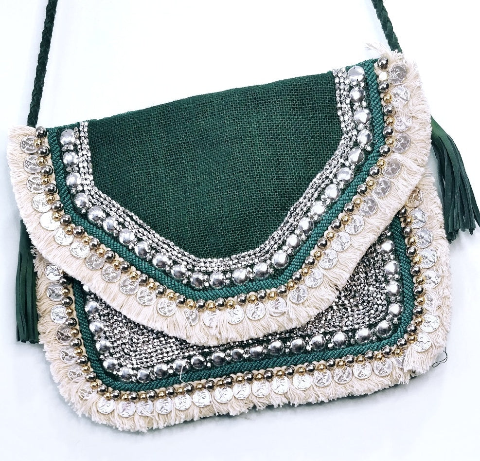 Dark Green Jute Coin Clutch Boho Bag