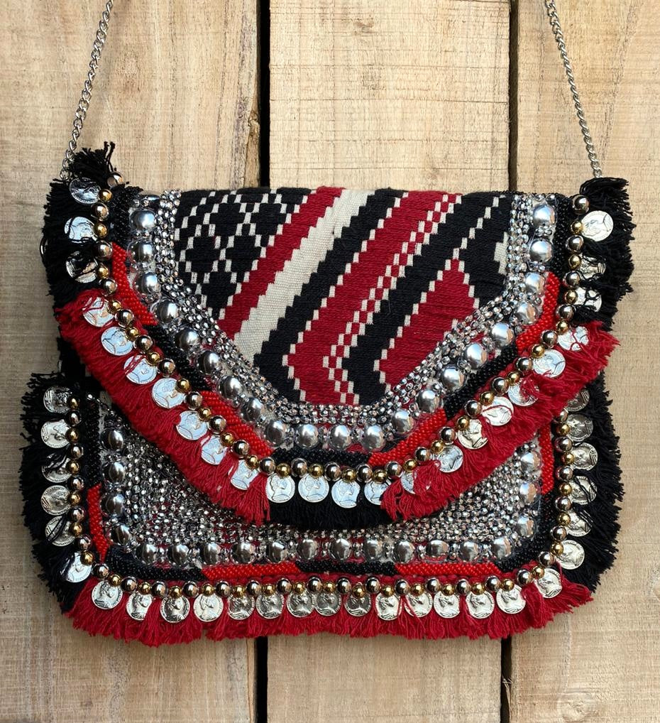 Red Jacquard Coin Bohemian Bag