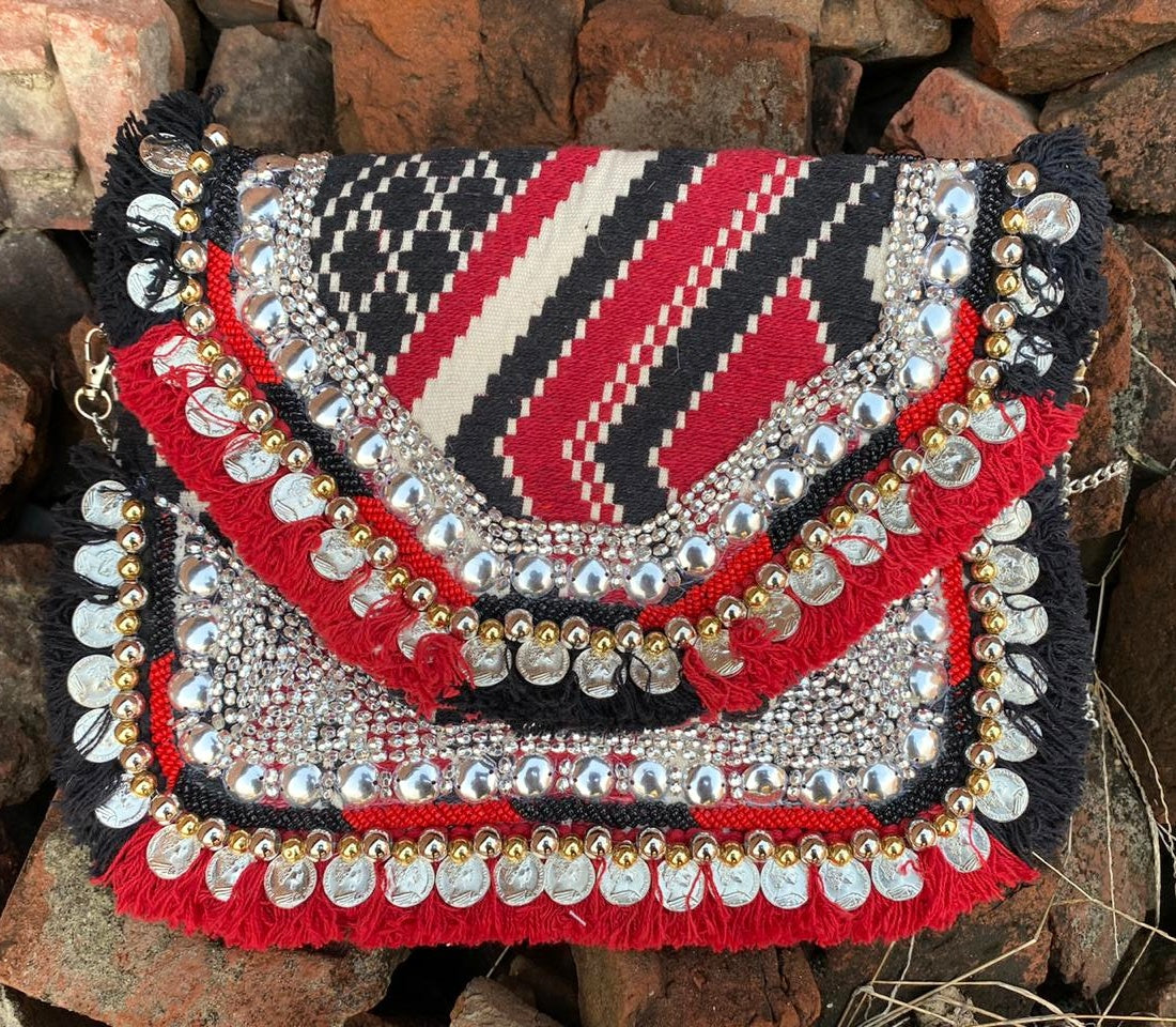 Red Jacquard Coin Bohemian Bag
