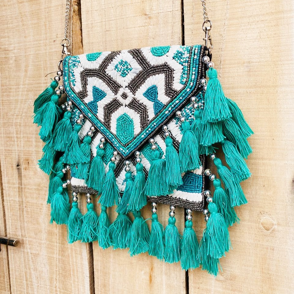 Teal Raffia Cali Bag