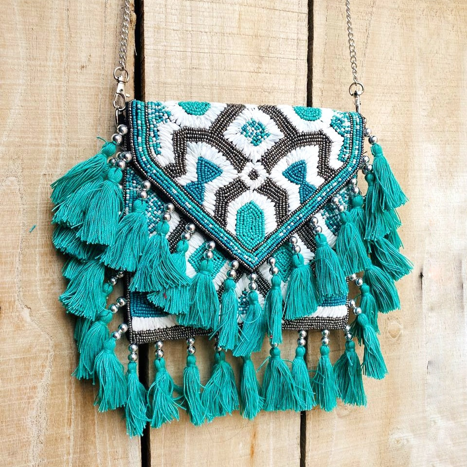Teal Raffia Cali Bag