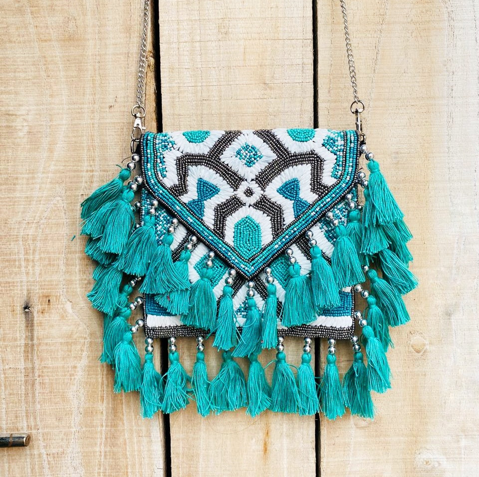 Teal Raffia Cali Bag