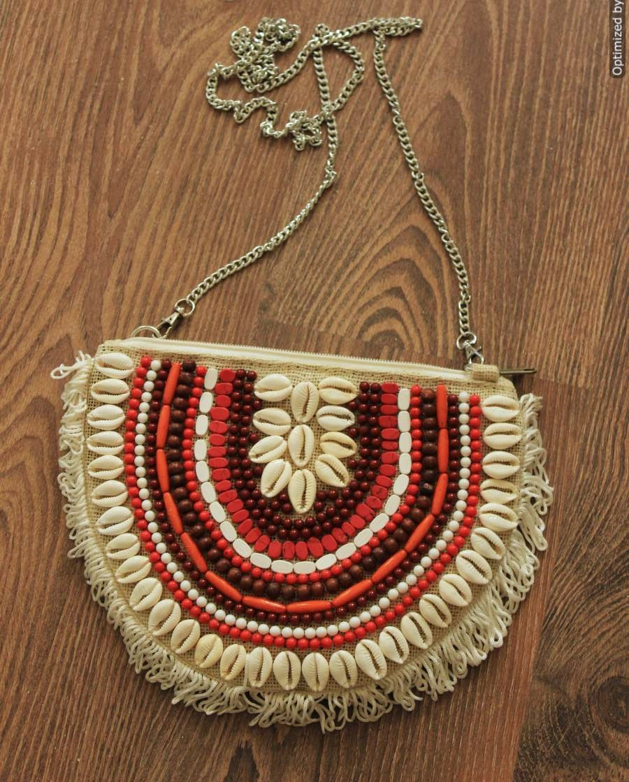 Half Moon Shell Red Beaded Bohemian Bag
