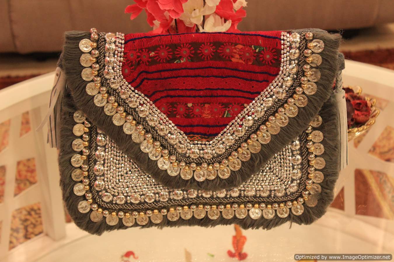 Grey Banjara Coin Clutch Boho Bag2