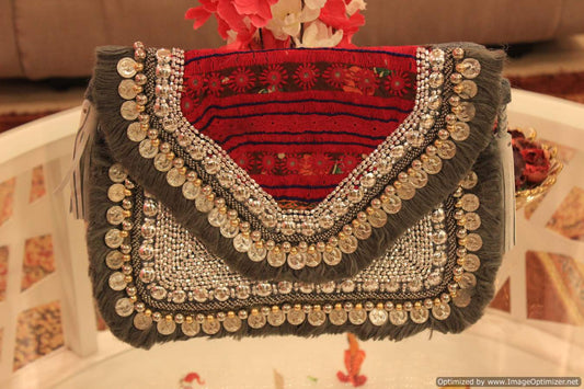 Grey Banjara Coin Clutch Boho Bag2
