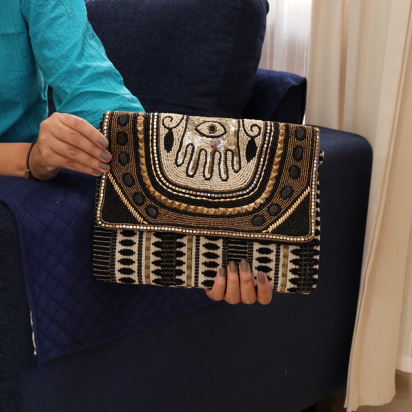Hamsa Black Jacquard Clutch