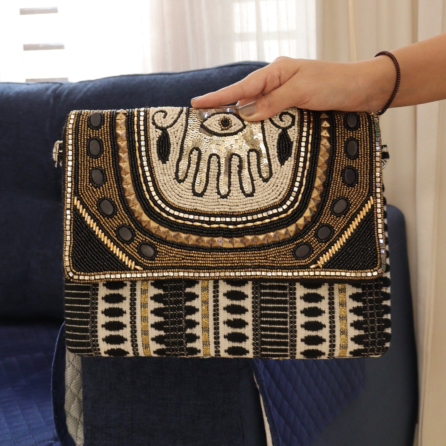 Hamsa Black Jacquard Clutch