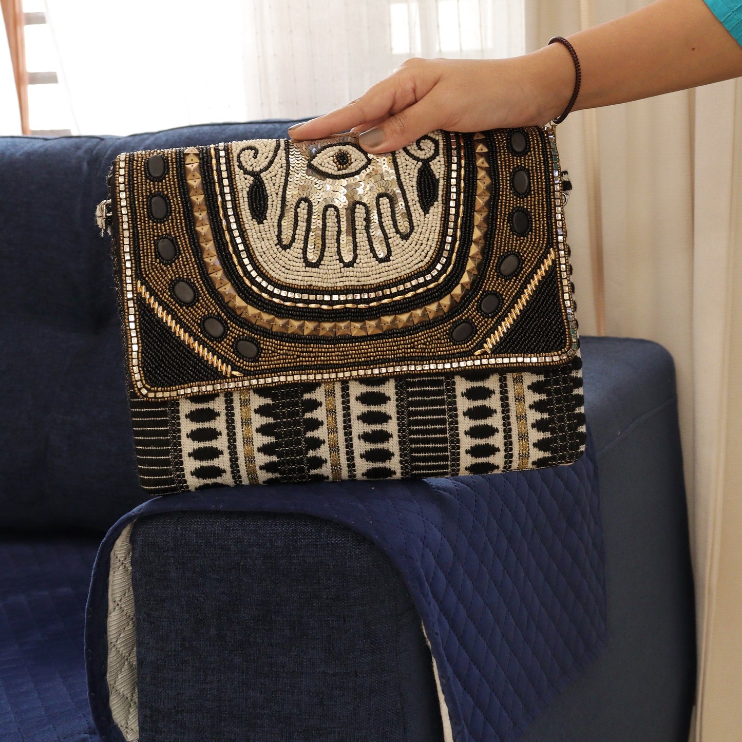 Hamsa Black Jacquard Clutch