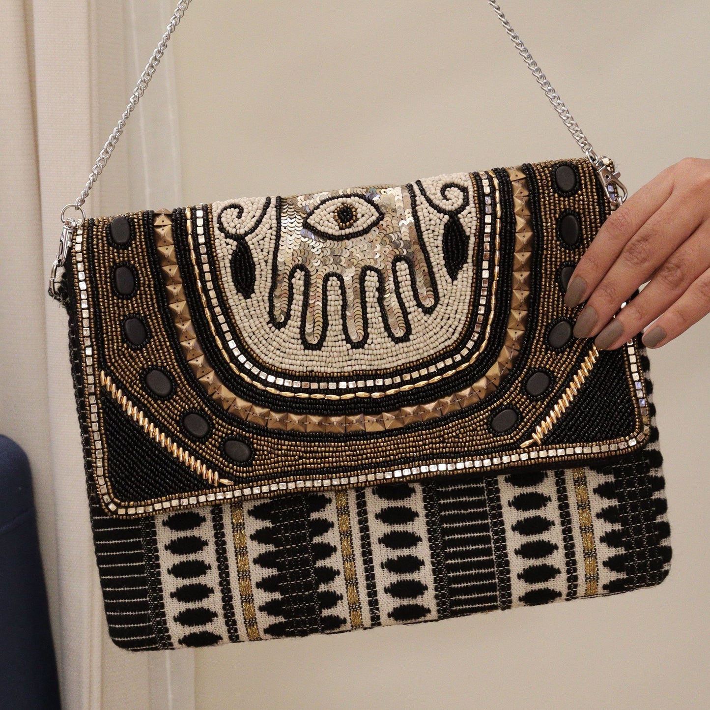 Hamsa Black Jacquard Clutch