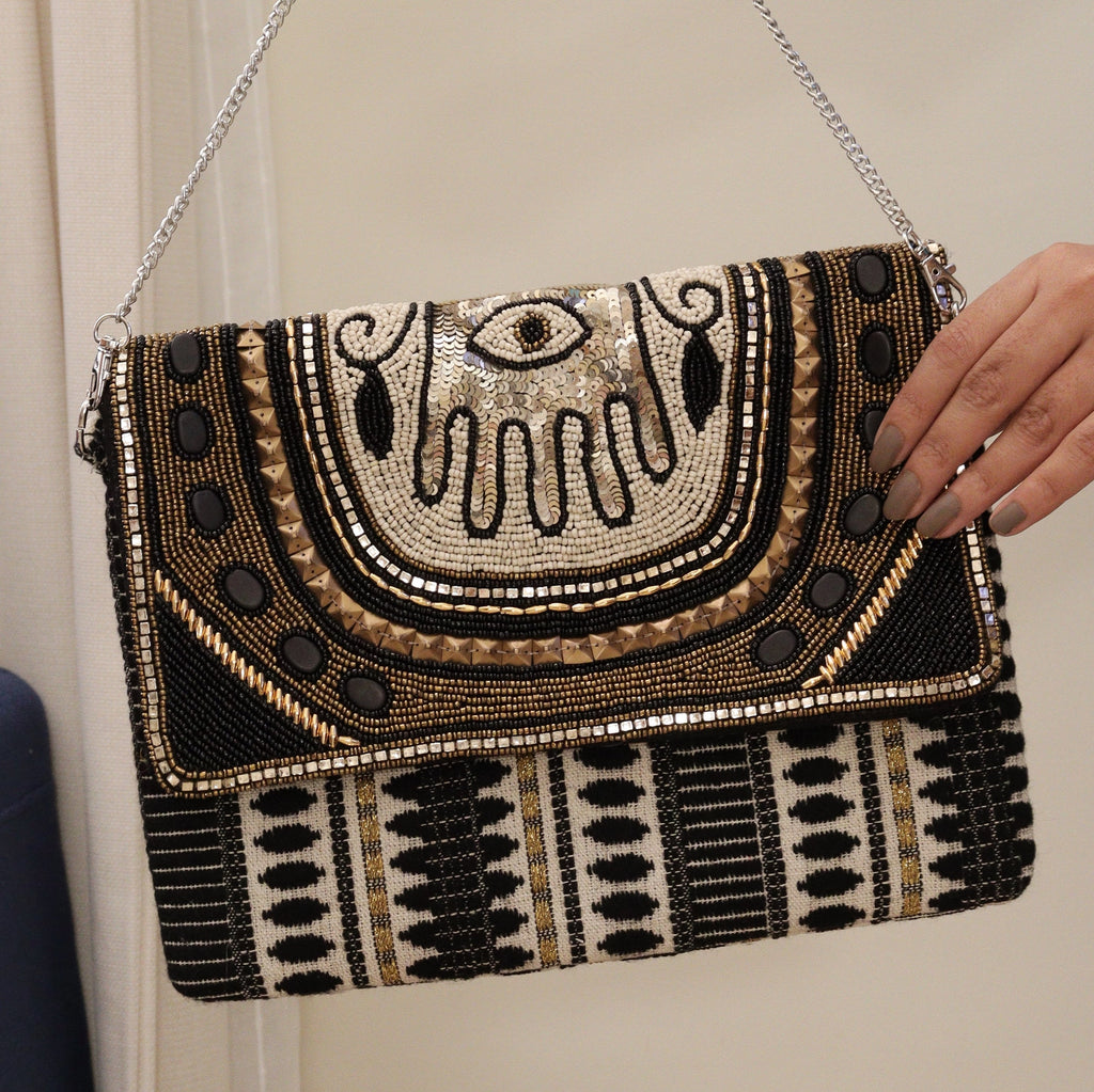Hamsa Black Jacquard Clutch